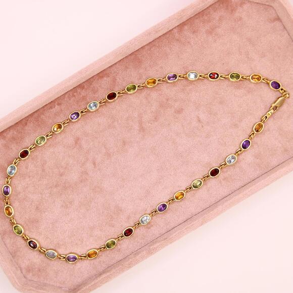 14kt Yellow Gold Multi Gemstone Bezel Set Tennis Choker Necklace 15.25" - Picture 2 of 5